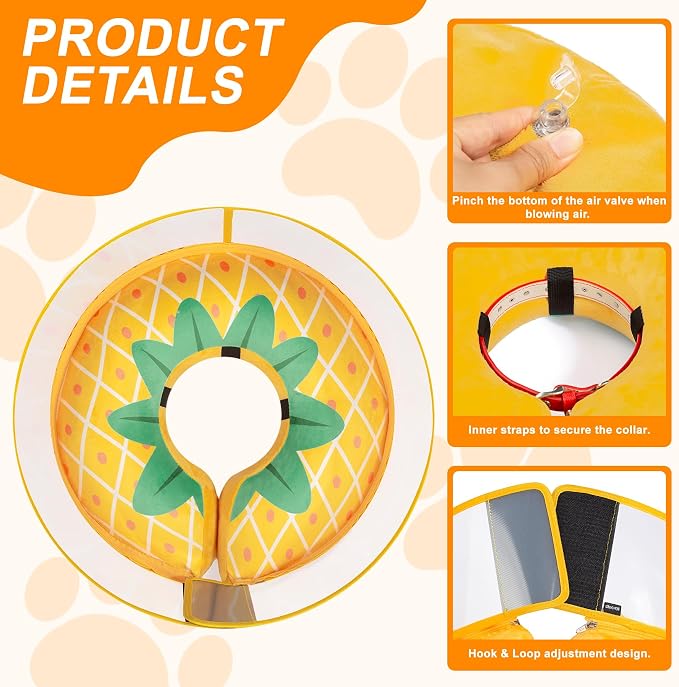 Inflatable Dog Cone Collar for Large Medium Small Dogs, Soft Dog Donut Collar Adjustable Recovery Cone for Pets After Surgery, Extra Enhanced Anti-Licking Guard Shield (Pineapple, X-Large)