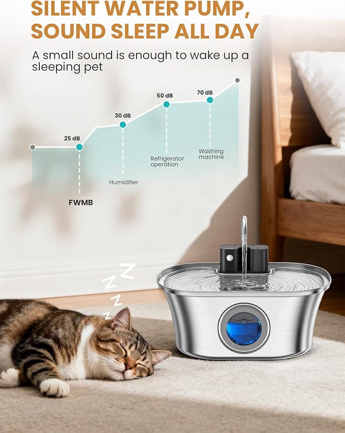 Cat Water Fountain Stainless Steel Cat Fountains for Drinking-108oz/3.2L Quiet Water Fountain for Cats Wireless Cat Water Fountain with Water Level Window for Cats&Dogs Indoor (3 Filter)