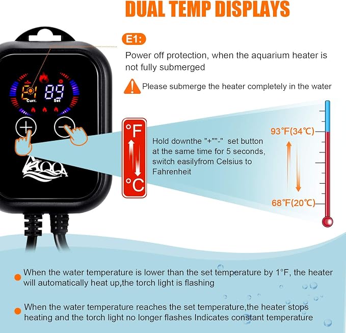 AQQA 1200W Submersible Aquarium Heater for Fish Tank 150-300 Gallon Aquarium Digital Thermostat Pond Heater with Overheating & Dry-Run Protection for Freshwater and Saltwater, Temperature Range 59-93℉