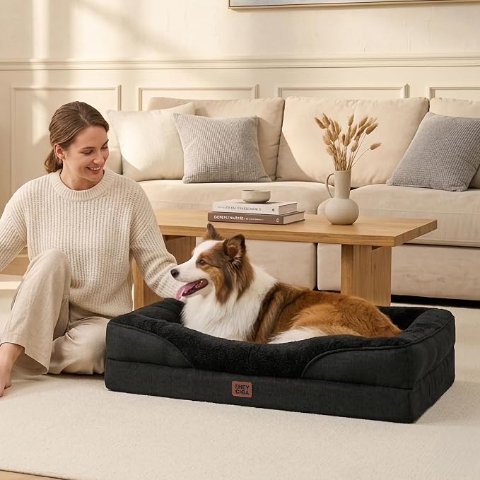 EHEYCIGA Orthopedic Dog Bed for Large Sized Dog, 41x27 Inch Large Memory Foam Dog Couch Bed with Sides, Waterproof Liner & Washable Removable Cover, Bolster Pet Sofa, Black