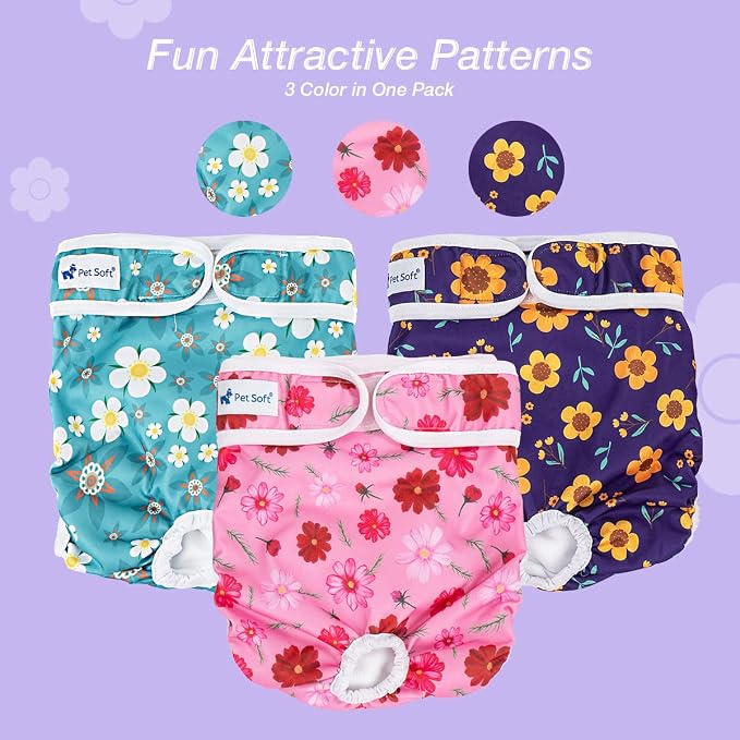 Pet Soft Washable Female Diapers (3 Pack) Female Dog Diapers, Comfort Reusable Doggy Diaper for Girl Dog in Period Heat (Cute Flower, XL)