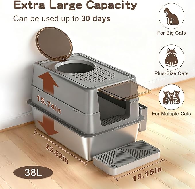 Stainless Steel Cat Litter Box with Lid, XL Enclosed Covered Litter Box for Large Cats, Front Entry Top Exit, High Sided Metal Litter Box, Odor Control, Leak Proof, Scoop & Pedal Included