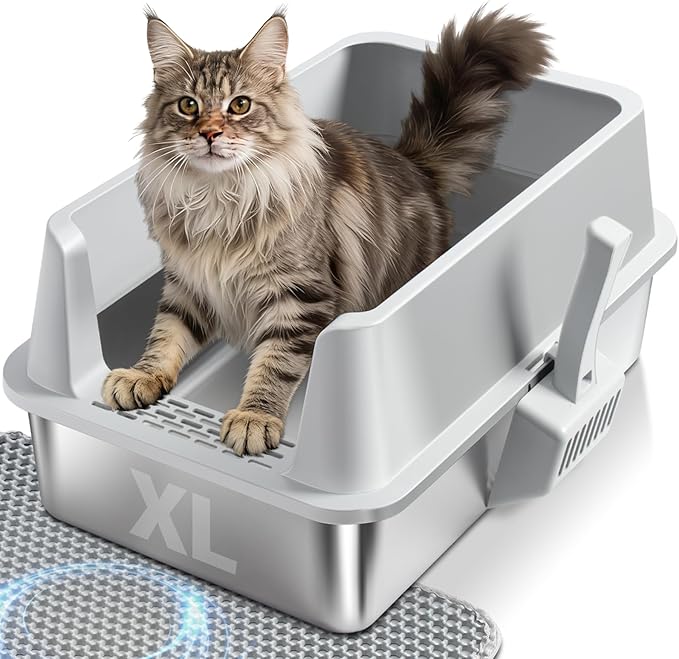 Stainless Steel Cat Litter Box, Extra Large XL Metal Litter Box with High Sides Lid, Never Absorbs Odors, Anti-Urine Leakage, Non-Sticky, Include Littter Mat & Scoop