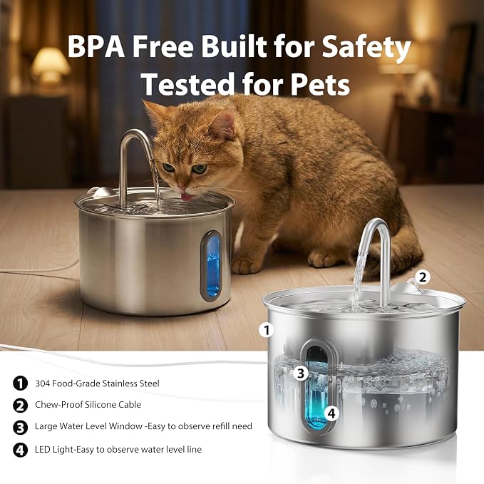 304 Stainless Steel Cat Water Fountain - 2.8L/95oz Quiet Electric Pet Water Fountain with Multi-Stage Filtration, Easy to Clean & Assemble (Pet Water Fountain+1 Filter)