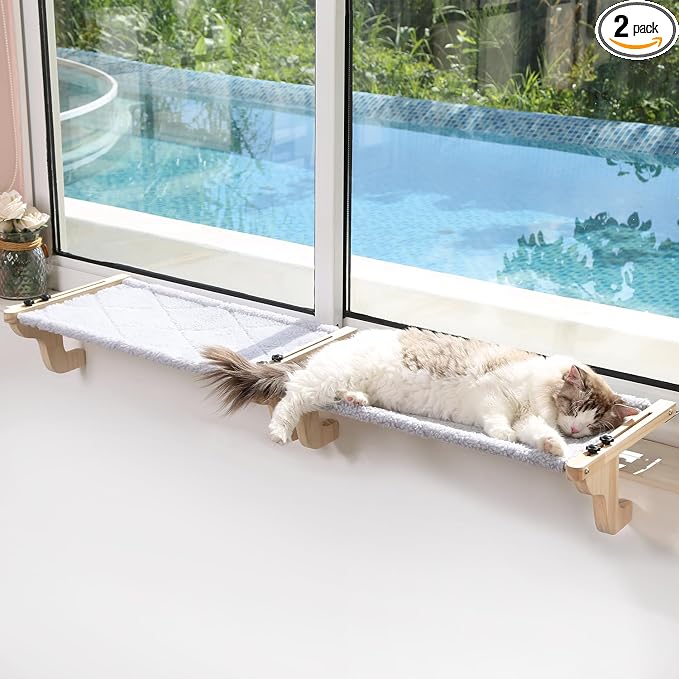 Zakkart 2PC Easy Seat Cat Perch for Window Sill - Hammock Design w/Pine Wood & Robust Metal Frame - Cat Window Seat for Large Cats and Kittens (Natural Color Wood w/Gray Bed, Medium (23''W x 14''D))