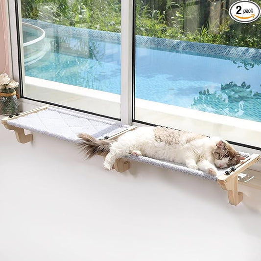 Zakkart 2PC Easy Seat Cat Perch for Window Sill - Hammock Design w/Pine Wood & Robust Metal Frame - Cat Window Seat for Large Cats and Kittens (Natural Color Wood w/Gray Bed, Large (26''W x 14''D)