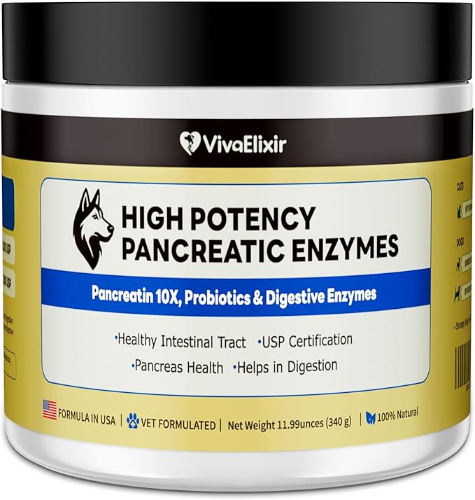 Pancreatic Enzymes for Dogs – 10X Pancreatin Digestive Enzyme Powder – Dog EPI Supplement for Pancreas Support – Helps Restore Weight, Improve Digestion & Relieve GI Stress – 11.99 oz – Vet Formulated