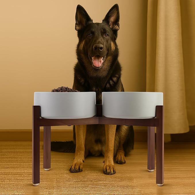 SPUNKYJUNKY Raised Ceramic Dog Bowls Set with Non-Slip Acacia Wood Stand for Large Sized Dog(60.87 OZ, Gray)