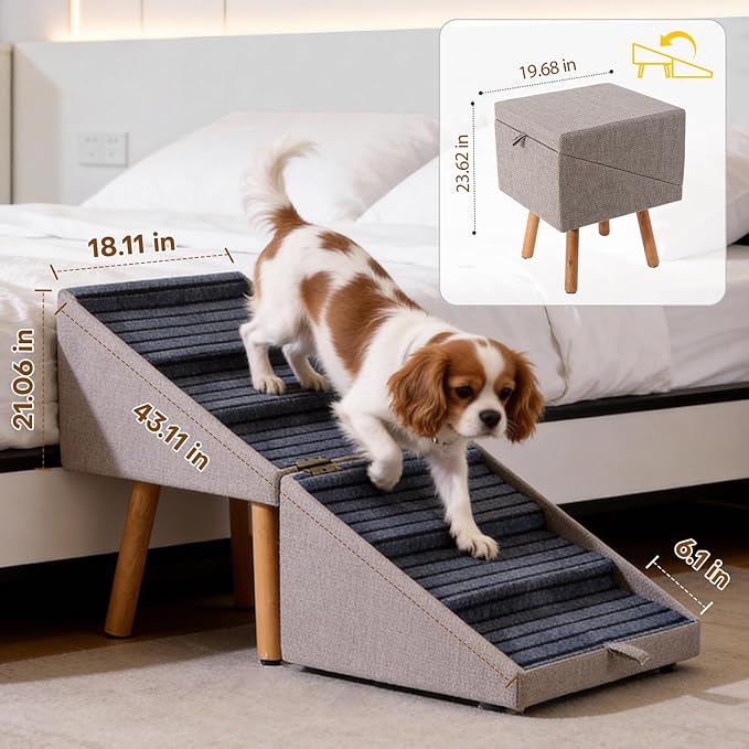 Dog Stairs 21.06" H 6-Step Pet Stairs for High Bed | Tall 6-step stairs for medium large dogs to high bed Convertible to bedside nightstand. Non-slip steps & split ottoman design