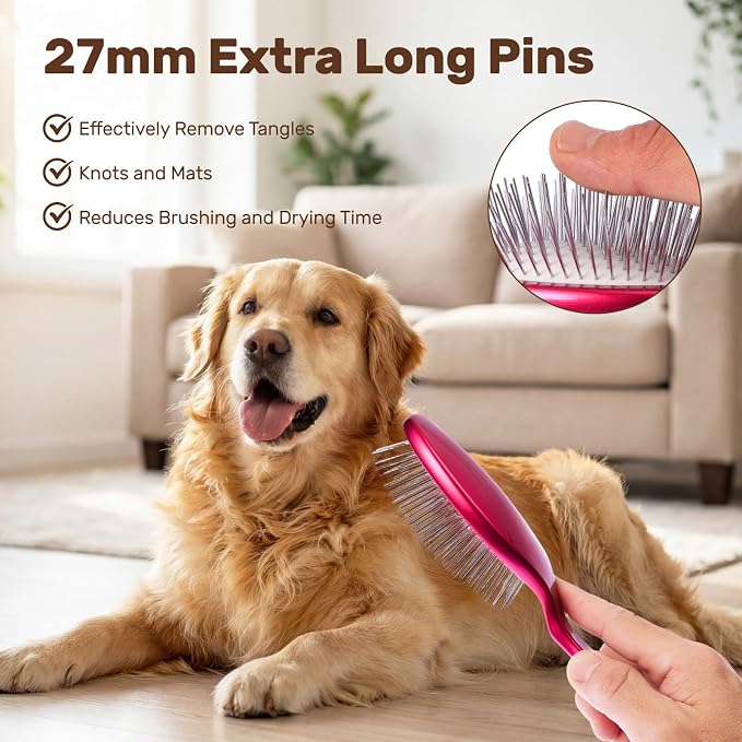 Slicker Brush for Dogs, Professional Pet Grooming Brush, 27mm Oval Stainless Steel Pin, Sparkle Glitter Handle, Anti-Static Round-Tipped Pins, Gentle Massage & Shedding Comb for Long Haired Dogs