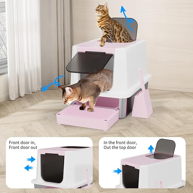 RIZZARI Large Enclosed Stainless Steel Cat Litter Box – Top & Front Entry, High-Sided Anti-Tracking Non-Stick Pan with Odor Control for Bedrooms, Living Rooms & Indoor Spaces