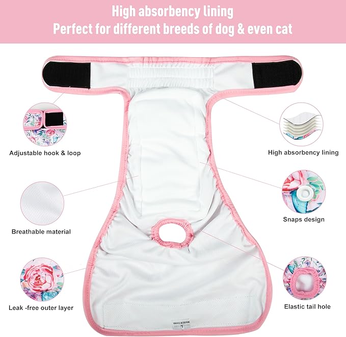 3Pack Reusable Dog Diapers Female,Washable Diaper for Doggie,Highly Absorbent Dog Diaper,Adjustable Leakproof Puppy Girl Dog Diapers for Heat,Incontinence,Period Doggy Nappies M