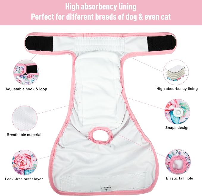 3Pack Reusable Dog Diapers Female,Washable Diaper for Doggie,Highly Absorbent Dog Diaper,Adjustable Leakproof Puppy Girl Dog Diapers for Heat,Incontinence,Period Doggy Nappies L
