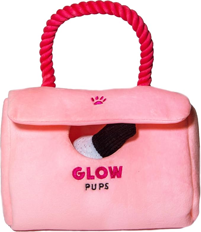 Glow Pups Dog Hide and Seek Purse Toy for Dog, Pink Purse Dog Toys Filled with Squeakers & Crinkle Material, Interactive Plush Lipstick, Dog Phone e & Nail Polish Toys for Small Dogs - Pink/Fuchsia
