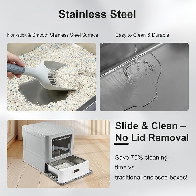 Marchul Enclosed Stainless Steel Cat Litter Box XL with Lid & Deeper Drawer Design for Indoor Cats, Metal Covered Litter Box, Baffles for Anti-Leakage, with Litter Scoop & Litter Mat
