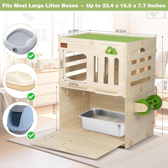 Cat Litter Box Enclosure Furniture with L-Shaped Anti-Tracking Exit, Litter Control Cabinet Captures Litter from Paws & Guides It Back into the Box, Fits Boxes up to 23.6" x 15.8" x 8", Birch Plywood
