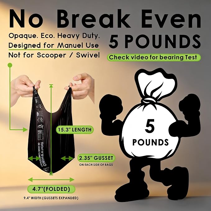 Ultra Thick RockRhino Dog Poop Bags - Claw Machine Style Pickup with Multi-Layer Bottom, ECO Heavy Duty, 0% Plastic, 100% Home Compostable, Mint-Scented, Easy Open Tie Handles, Glove Fit - 210 Bags