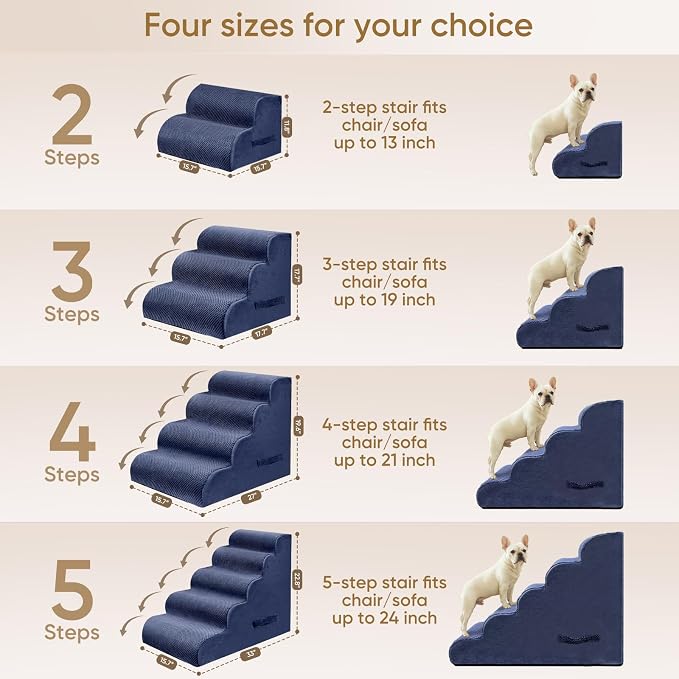 PAWSCRAT Dog Stairs for Small Pets, 11.8" H with 30D Material Soft Foam, Portable Ramp Non-Slip Surface Non-Slip for Couch and High Bed Climbing, 2-Step Stairs for Cat or Dog, Blue
