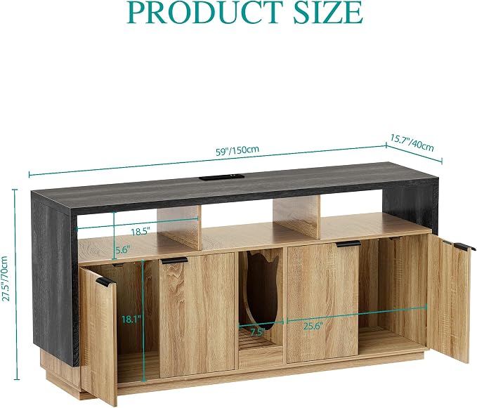 YITAHOME Double Hidden Cat Litter Box Enclosure with Power Outlet & LED Light, 60 Inch Dual Kitty Litter Box TV Stand Furniture for 2 Cats, Wooden Cat Cabinet for Indoor Cats, Grey Oak
