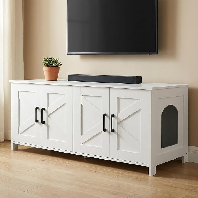 Homhedy Cat Litter Box Enclosure for 2 Cats, Litter Box Furniture Hidden with Double Room,Wooden Cat Washroom Furniture,Cat House,47.2”L x 19.7”W x 19.7”H,White