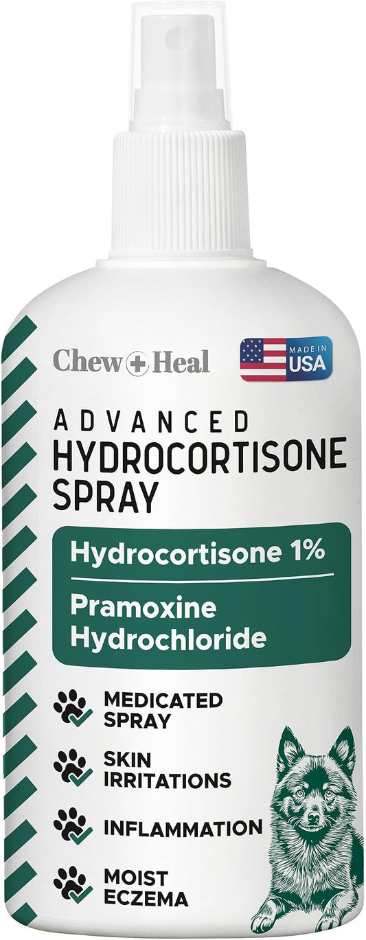 Hydrocortisone Spray for Dogs and Cats, 8 oz - Hot Spot Treatment, Anti Itch Relief, Medicated for Allergies, Dermatitis, Flea Bites, Dry Skin - with Pramoxine and Aloe, Made in USA | Chew + Heal Labs
