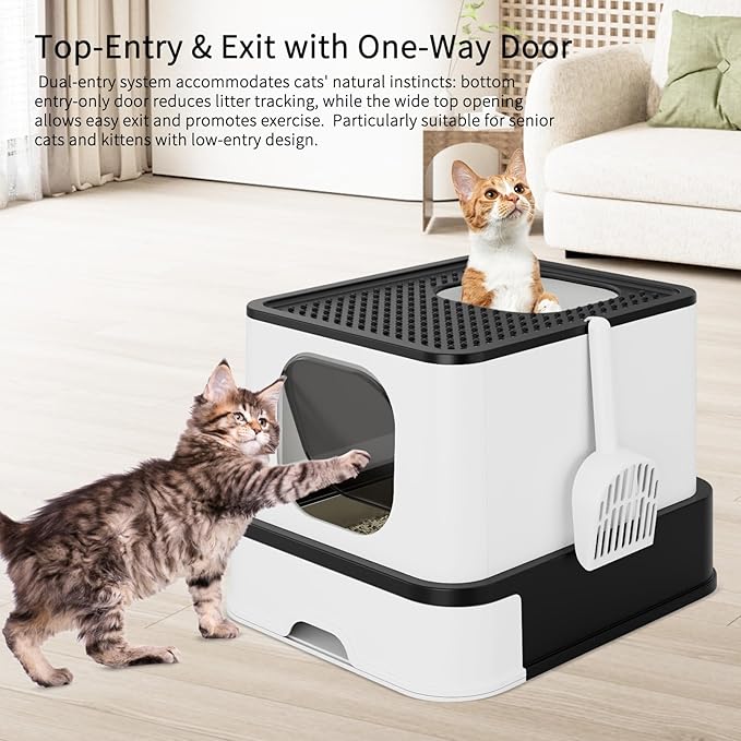 RIZZARI Large Enclosed Stainless Steel Cat Litter Box – Dual-Entry Leakproof Design with Pull-Out Sifting Tray, Easy-Clean Non-Stick Surface & Odor Control for Multi-Cat Homes