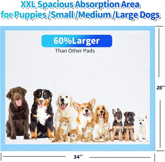 Upgrade Leak-Proof Pet Training and Puppy Pads, Jumbo Pee Pads for Dogs with Thicken Polymer Heavy Absorbency, Quick Dry Disposable Pee Pads for Cats Dogs