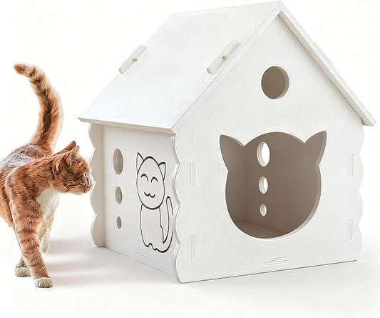 Cute Gable Roof Small Wooden Cat House, Indoor Outdoor Multi-Ply Wood Cat Shelter with Rainproof Windproof, Easy Assemble Move & Clean, Breathable Cat Hut for Kittens (White)