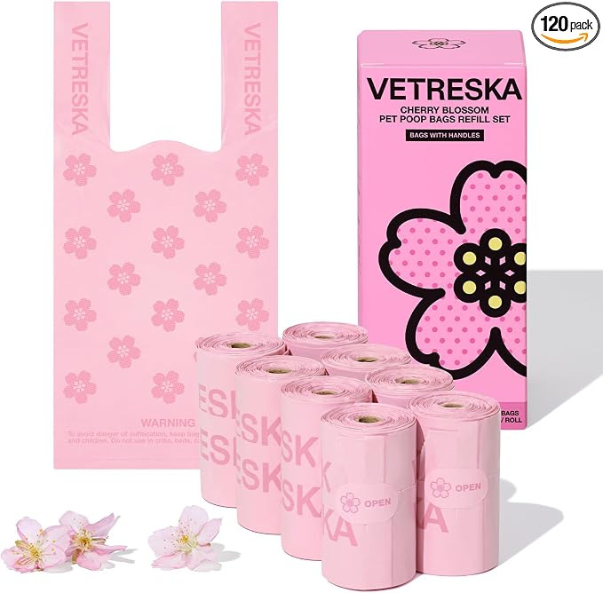 VETRESKA Dog Poop Bags with Handles 120 Count, Floral Scented Waste Bags, Leak-Proof Thick Dog Bags for Poop, Easy-Tie Large Poop Bags, 8 Refill Rolls for Dog Walking Cat Litter