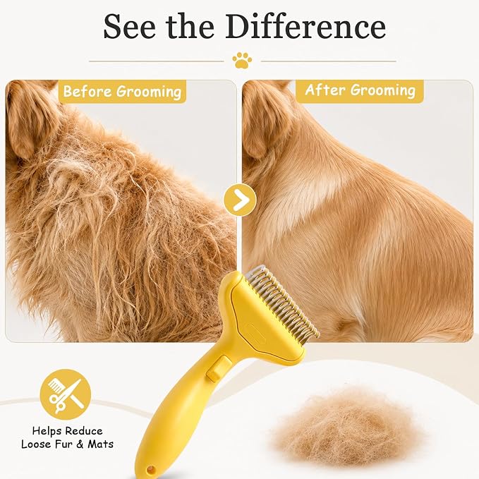 Dog Brush and Cat Deshedding Rake, Pet Grooming Tool for Shedding with Rounded Stainless Steel Teeth, Comfortable Grip for Long or Thick Coats (Style 2 Yellow)