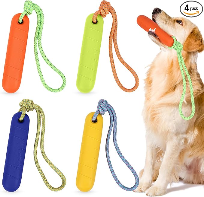 Skylety 4 Pack Floating Dog Toys with Rope Handle EVA Dog Bumper Throw Stick for Water Training Fetch Retrieving High Visibility Pool Water Toys for Beach Diving Pool Yard Summer Outdoor Play