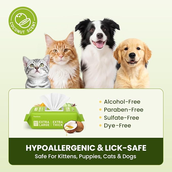 Hypoallergenic Pet Wipes for Dogs, Cats & Small Animals – Quick Clean & Deodorize Paws, Butt, Eyes, Face & Fur | Daily Grooming Wipes | Extra Large & Thick | Coconut Scented, 100 Count