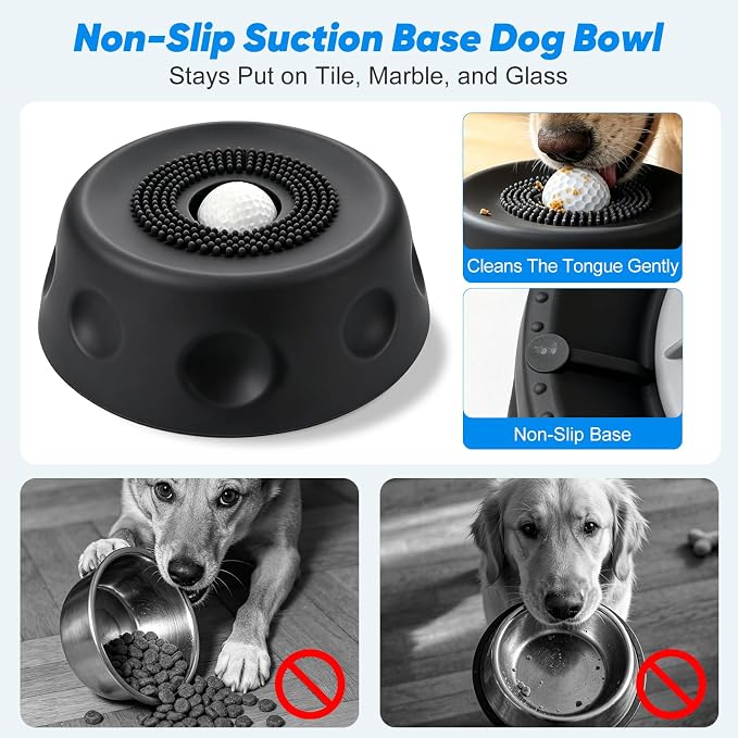 Dog Cat Lick Bowl with Rolling Ball, Slow Feeder Interactive Silicone Bowl with Suction Cup Base, Chew-Resistant for Wet Food & Treats, Easy Clean, 8.5oz/250ml, Black