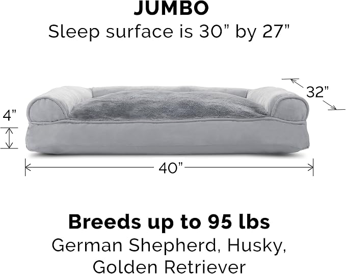 Furhaven Pillow Dog Bed for Large Dogs w/ Removable Bolsters & Washable Cover - Plush & Suede Sofa - Gray, Jumbo/XL