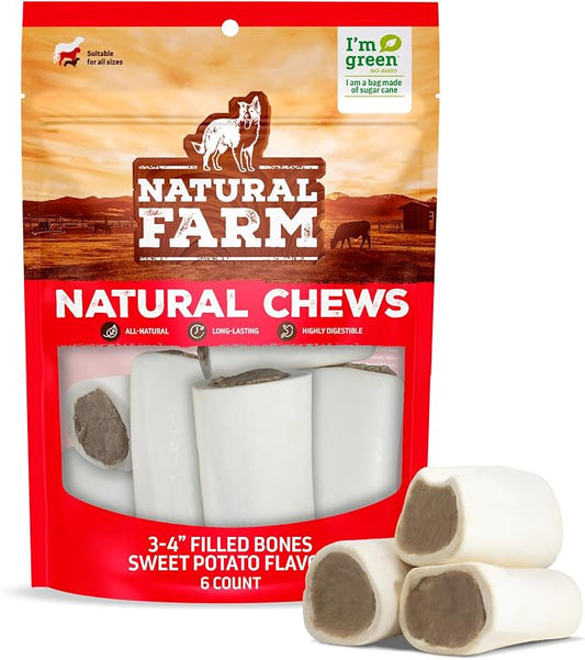 Natural Farm Sweet Potato Filled Bones (3-4 Inch, 6 Pack), Limited Ingredient, Natural Stuffed Dental Dog Bone Treats for Dogs, Made with Real Beef & Sweet Potato