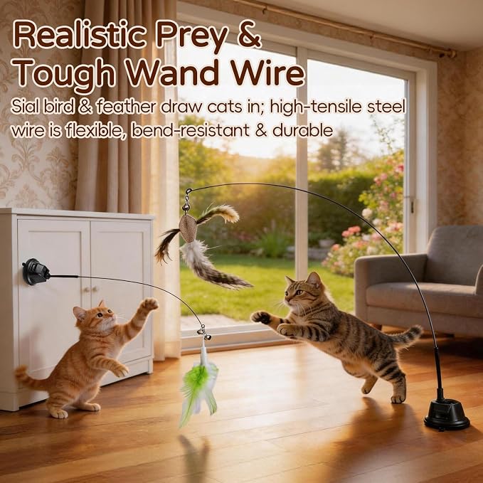 Interactive Cat Toys for Indoor Cats, Flying Bird Feather Toy, Cat Teaser Enrichment with Adhesive-Backed Suction Cups, Self-Play Teaser for Bored Cats