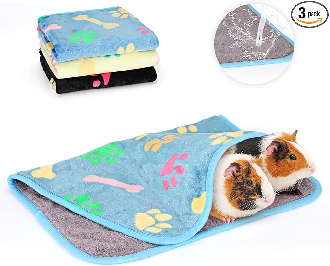 YUEPET 3 Pack Waterproof Guinea Pig Blankets Washable Small Animal Fleece Cage Liners Soft Pet Mat Pigs Bedding for Hamster Rabbit Chinchilla Ferret 35''×24'', Blue+yellow+black