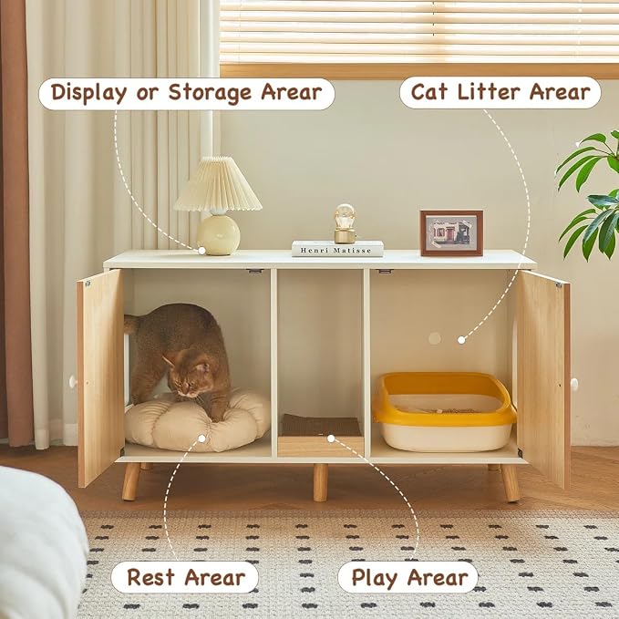Litter Box Enclosure for 2 Cats, 43" Hidden Cat Litter Box Furniture Cabinet with Scratching Pad and Double Room, Cat House Washroom, Side End Table Modern, Wood