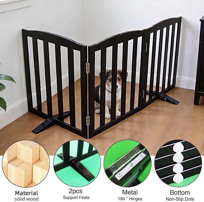 ZJSF Foldable Freestanding Indoor Dog Gate for House Wood Long Pet Gates Dog Fence for Stairs Puppy Gates for Hallways, Puppy Gate,Support Feet Included, Black, 24 "Height-3 Panels