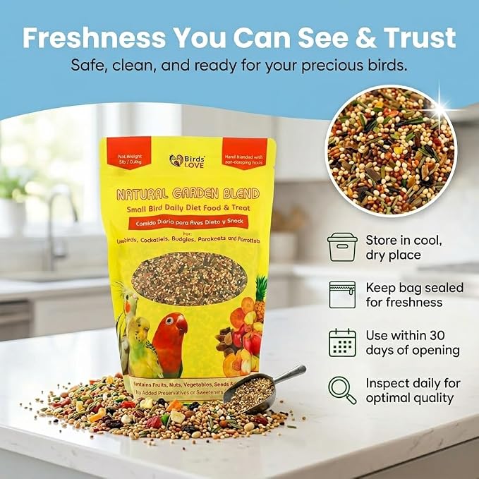 Birds LOVE Natural Garden Blend Bird Food for Small Birds, 2 lb - Hand Packed in USA, Natural Mix with Fruits, Seeds & Grains for Lovebirds, Cockatiels, Budgies & Parakeets