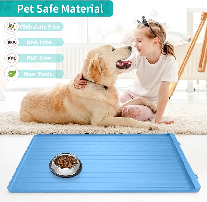 Dog Mat for Food and Water - 39.4" x 27" Large Pet Feeding Mats with Residue Collection Pocket - Waterproof Dog Cat Bowl Mat with High Edges to Prevent Water and Food Spills (Blue, 39.4''x27'')