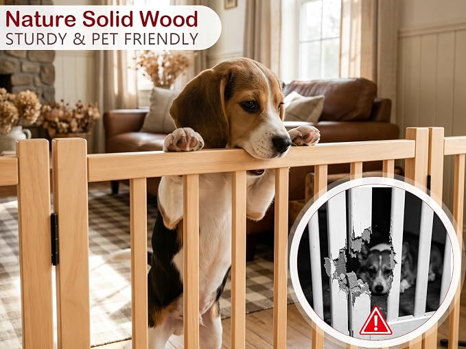 Freestanding Dog Gate Indoor, 23" H Wooden Dog Gates with Door Walk Through, No-Painted Folding Pet Fence for Stairs Doorway- 6 Panels
