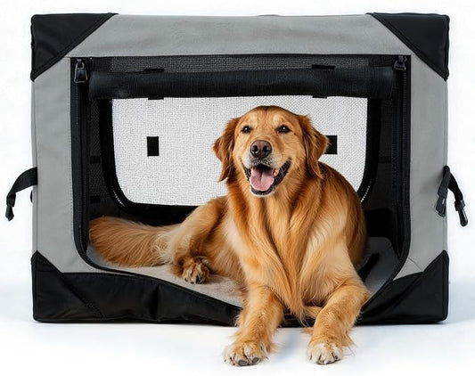 42 Inch Soft Collapsible Crate for Extra Large Dogs, 4-Door Portable Foldable Soft Kennel with Chew Proof Mesh Windows for Indoor & Outdoor Travel Grey