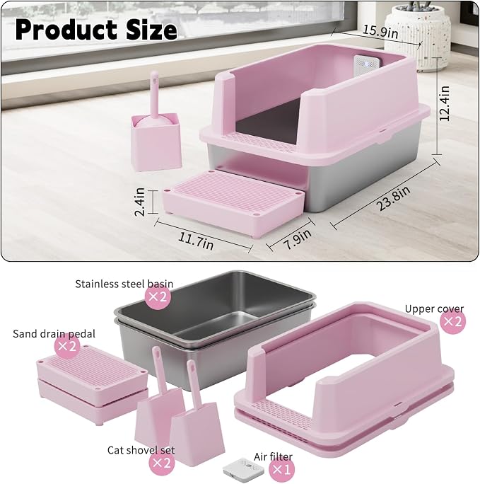 RIZZARI 2-Pack Open-Top Stainless Steel Cat Litter Boxes - Large Pink, Non-Stick & Odor Resistant, Easy-Clean Trays with High Sides, for Indoor Use, Apartments & Multi-Cat Homes