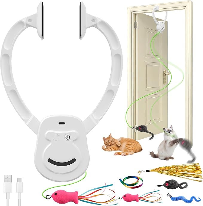 Automatic Cat Toy for Indoor Cats, Interactive Door Hanging Cat Toy with Smart Touch Restart, USB-C Rechargeable 360° Rotating Flying Bird Teaser for Kittens & Adult Cats, White