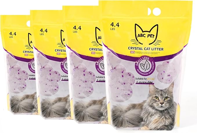 ABCPET Cat Litter Crystals No Clumping Odor Control Kitty Litter Non-Clumping No scooping Low Dust, Low Tracking, Dehydrates Waste Lavender - 17.2 lbs (4 x 4.3 lb Packs)