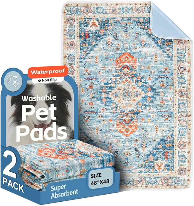 Washable Pee Pads for Dogs 2 Pack Reusable Puppy Training Pads 48"x48" Super Absorbent Waterproof Dog Training Pads, Non-Slip Potty Pads Whelping Pads Litter Mat Pet Supplies - Blue/Mix