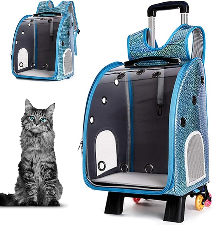 Pet Travel Rolling Carrier Backpack with Removable Wheels,Portable Foldable Breathable Airline Approved Hiking Soft-Sided Carrying Bag Trolley for Small Dogs And Cats with Mesh Ventilation Windows