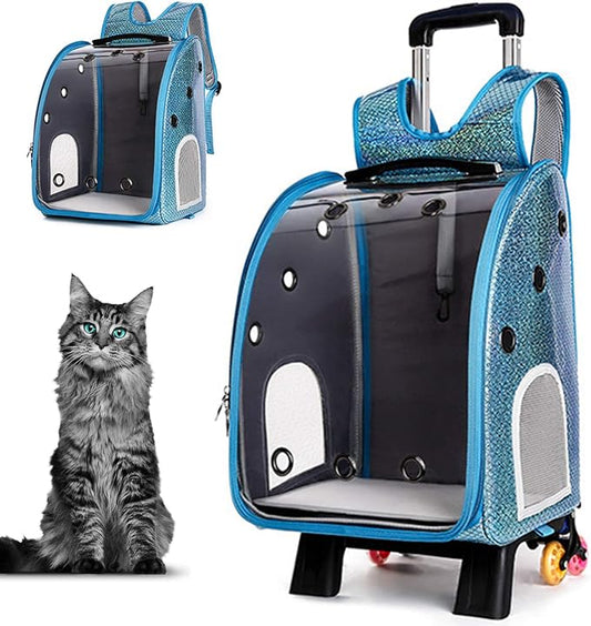 Pet Travel Rolling Carrier Backpack with Removable Wheels,Portable Foldable Breathable Airline Approved Hiking Soft-Sided Carrying Bag Trolley for Small Dogs And Cats with Mesh Ventilation Windows