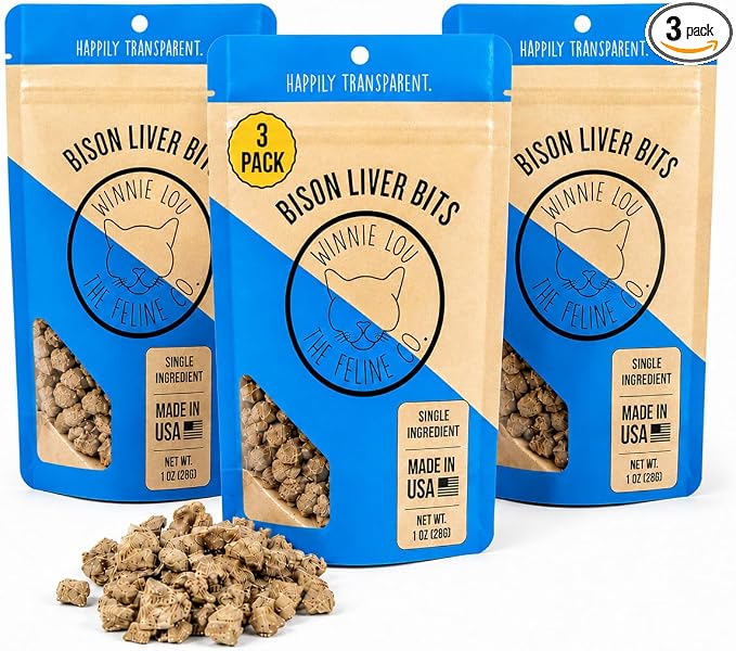 Winnie Lou Grass-Fed Bison Liver Bits Cat Treats, 3 Packs - Single Ingredient, High Protein Cat Food Snacks, Grain Free & Made in the USA, with Taurine, Iron & Zinc for Healthy Cats